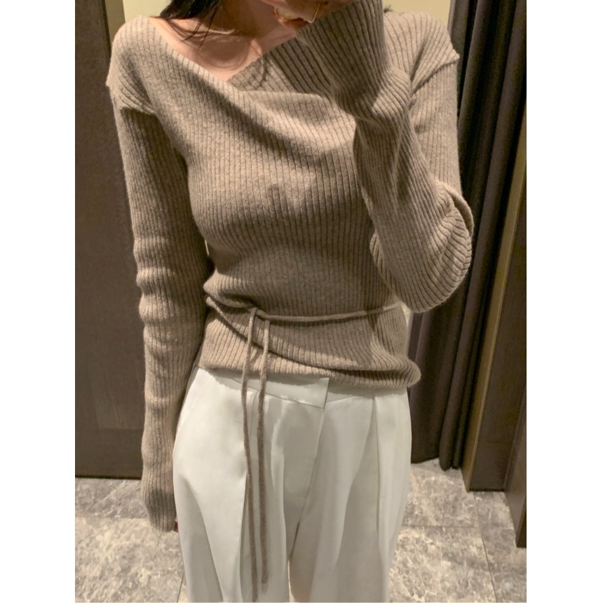 スリムフィット長袖 V ネックニットセーター女性のスタイル秋冬ファッションデザインベルト付きトップ通勤ワンピースポリエステル繊維