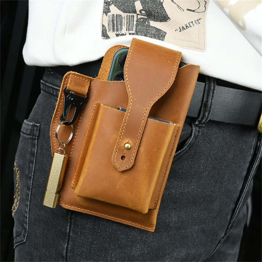 AIGUONIU Outdoor Vintage Echtes Leder männer Gürtel Taille Tasche Handy Fanny Pack Zigarette fall Auto Schlüssel Hängen Tasche für männer