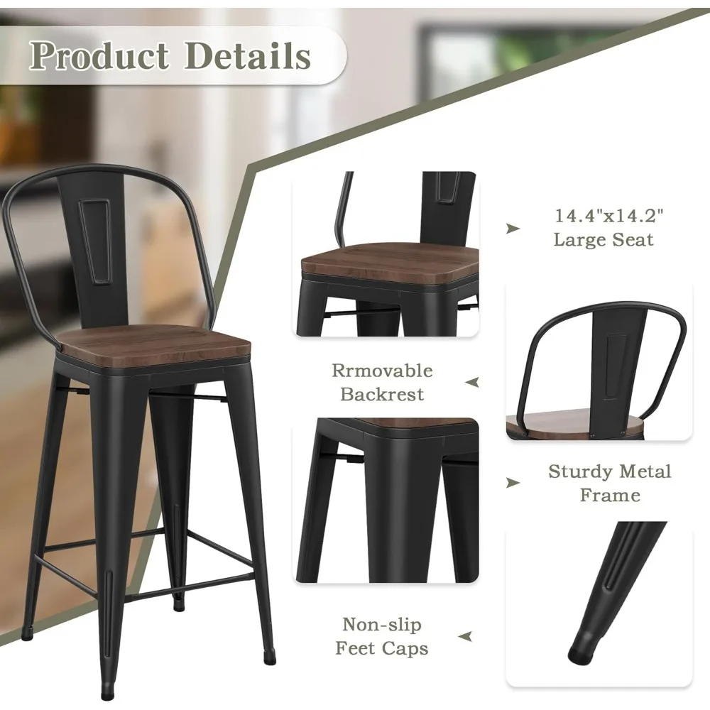 Barstools Set of 4 Counter Height Bar Stools for Kitchen Island Farmhouse Metal High Back Bar Chairs Wooden Seat 24" Matte Black