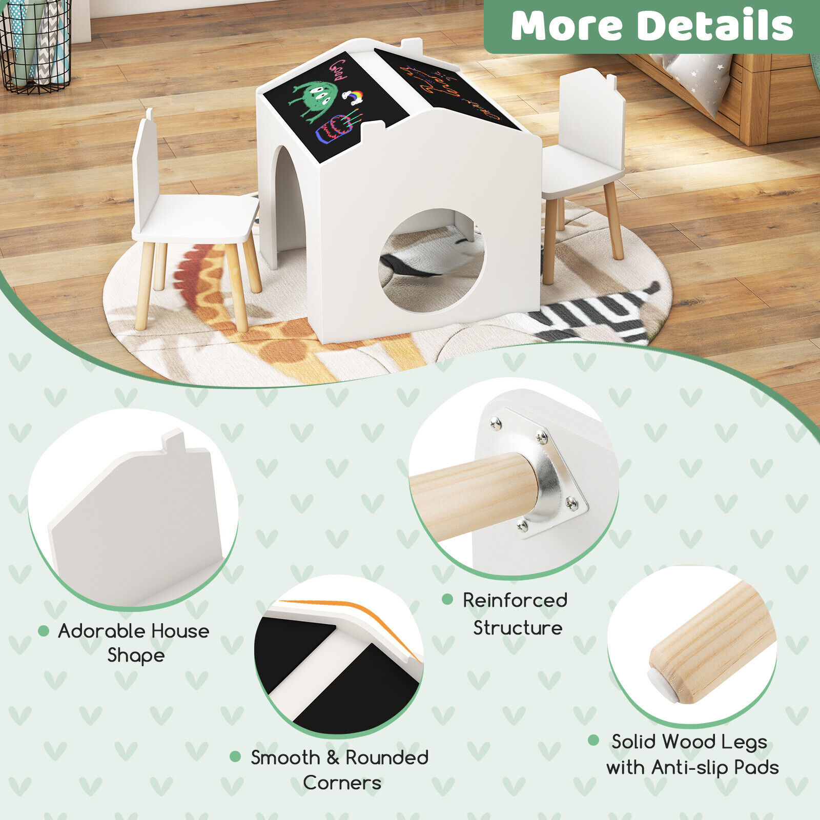 DORTALA 3 Pieces Kids Table and Chair Set Wooden Toddler Activity Art Table Drawing