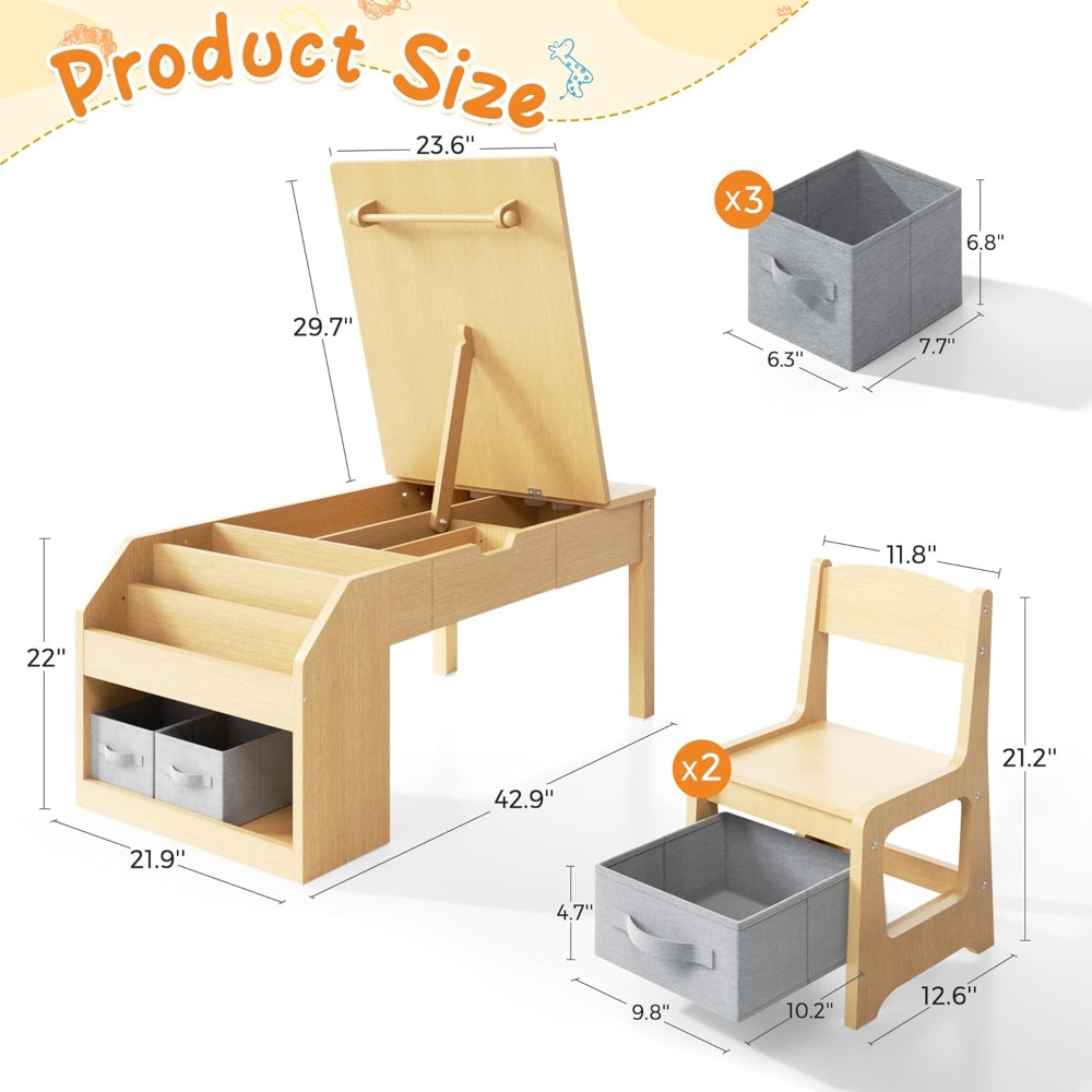 Children's 5-in-1 Art Table and Chair Set, Toddler Craft Desk, Play Table with Convertible Easel and Paper Roll Holder