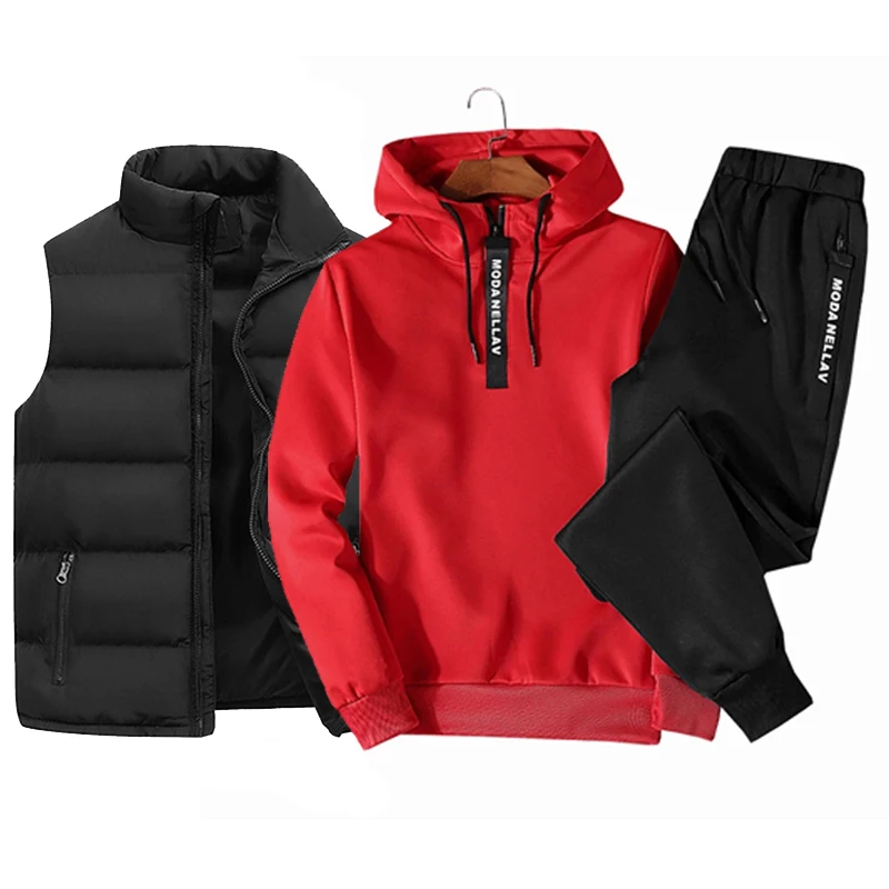 Trajes de chándal para hombre, Sudadera con capucha de media cremallera, chaleco impermeable y pantalones de chándal, conjunto de 3 piezas, ropa informal cálida de invierno 2023