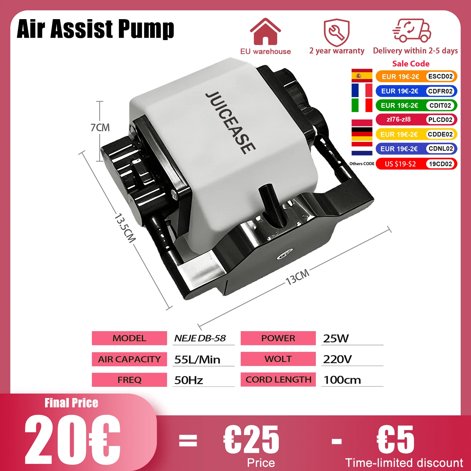 NEJE Pompa di assistenza all'aria laser 220V 25W 55L/min 50Hz Pompa d'aria Aria regolabile per macchine per incisione laser e ossigenazione di acquari