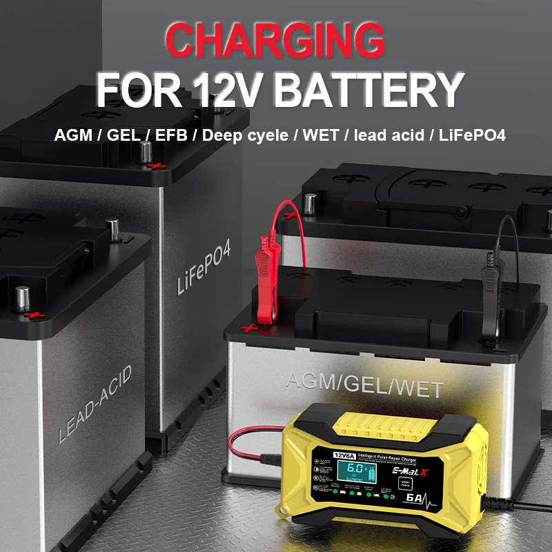 12V 6A Auto Acculader Puls Reparatie LiFePO4 14.6V Smart Fast Charge AGM Deep Cycle GEL Lood-zuur Oplader voor Auto Motor