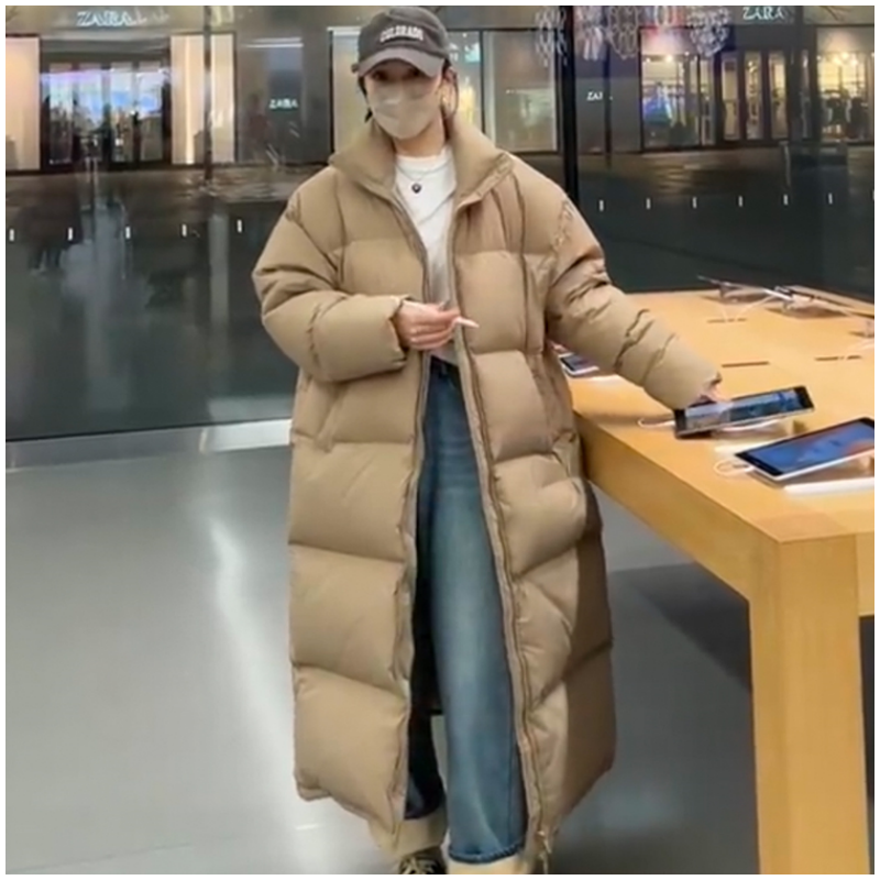 Chaqueta de plumón de pato para mujer, abrigo negro de longitud media con cuello levantado, a prueba de viento, plumas gruesas, ropa de exterior de invierno