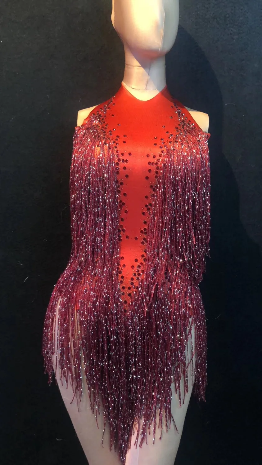 Frauen Neue Rote Quaste Sexy Glänzenden Strass Body Party Bar Bühne Outfits Dj Sängerin Leistung Kostüm Dance Trägt
