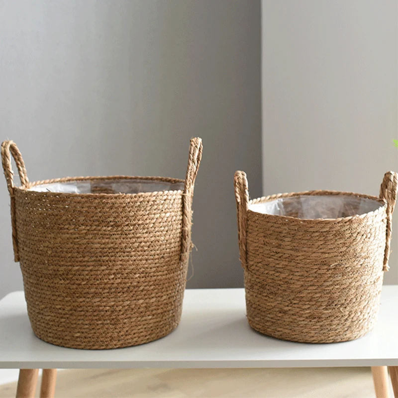 1PC Nordic Handmade ฟางทอดอกไม้หม้อชาวไร่ตะกร้าซักรีดเสื้อผ้าสกปรกเก็บกระถางสวนพืชสีเขียวผู้ถือดอกไม้