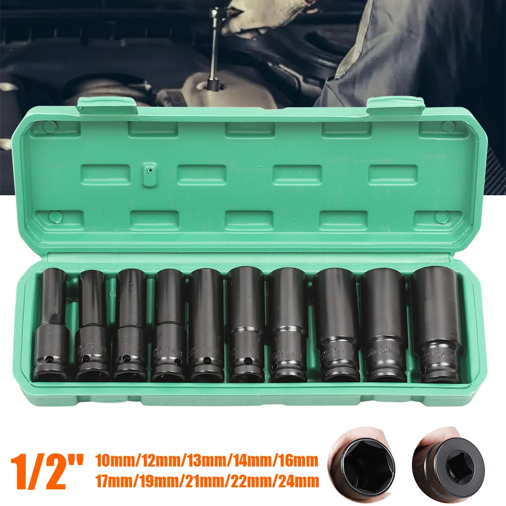 Jeu de douilles à percussion 1/2 ", clé métrique, douilles profondes 10-24mm, tête de clé pneumatique, outils de retrait de pneus 10 pièces