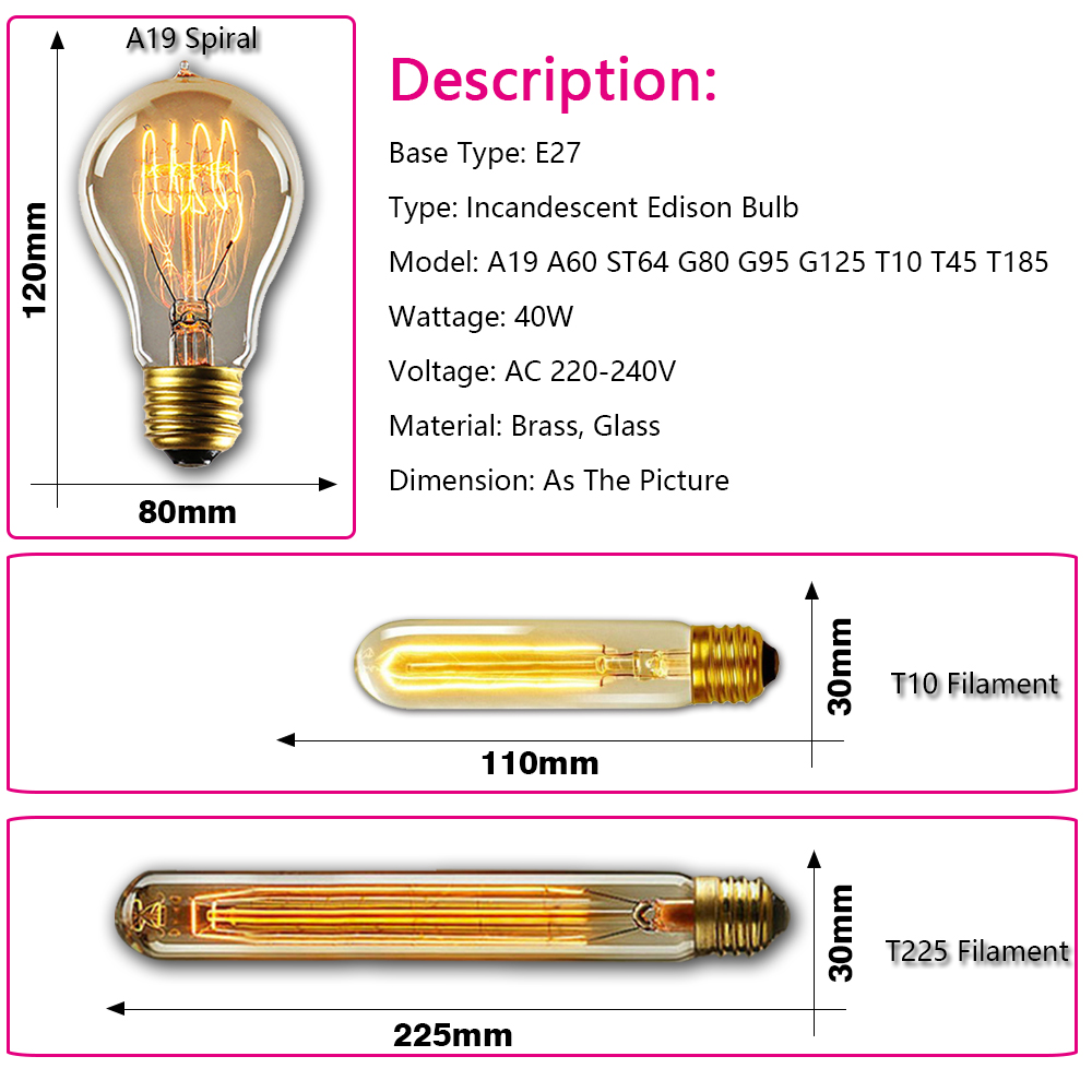 レトロなエジソン電球 E27 40W 220V 110V 寝室 工業風 ロフト ヴィンテージ電球 ホームデコレーション用 フィラメント白熱電球 エジソンランプ
