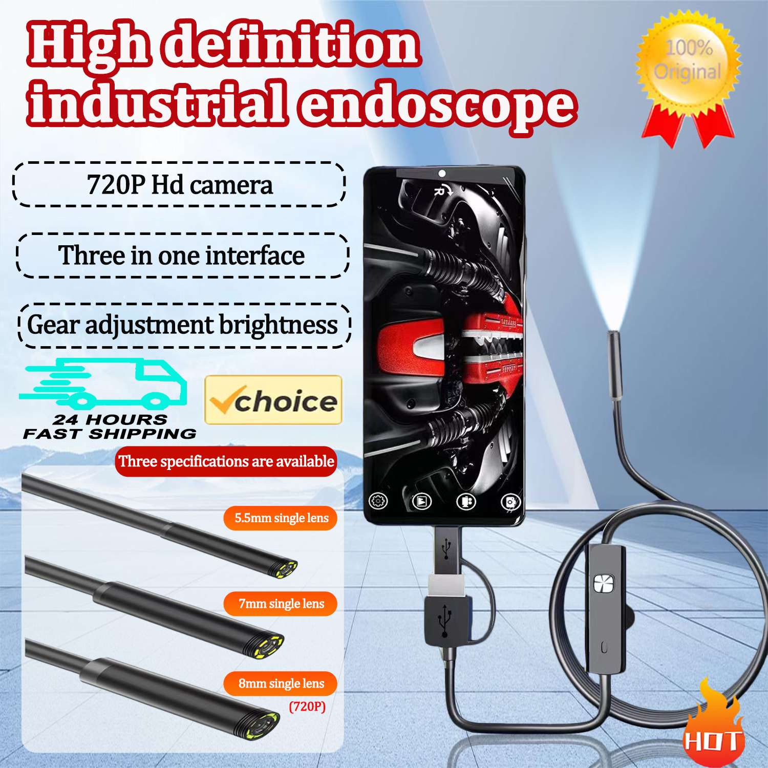 3-in-1 7mm 720P Industrial Endoscopes Mini USB Endoscopes Camera 10m Endoscopes Waterproof Tool Accessories Smartphone Camera