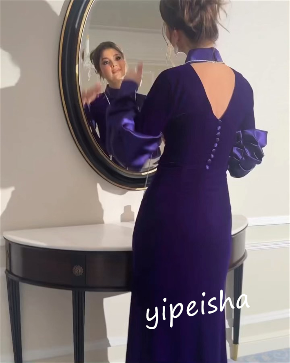 Customized  Saudi Arabia Velour Button Graduation Sheath High Collar Bespoke Occasion Gown Midi es  Dresses