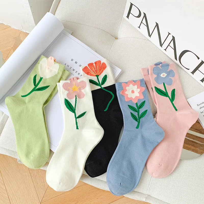 1 par de calcetines de mujer estilo japonés coreano dibujos animados flor Color caramelo Harajuku Kawaii calcetines de tubo medio calcetines cortos informales transpirables
