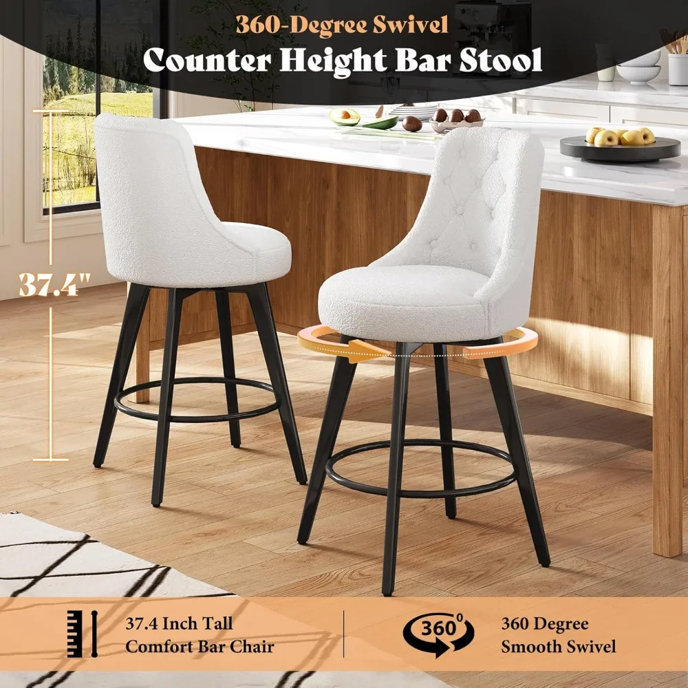 Modern Bar Stools Set of 2, Boucle Swivel Counter Height Stools with Back, Upholstered Barstools with Wood Legs, 26" Height Seat
