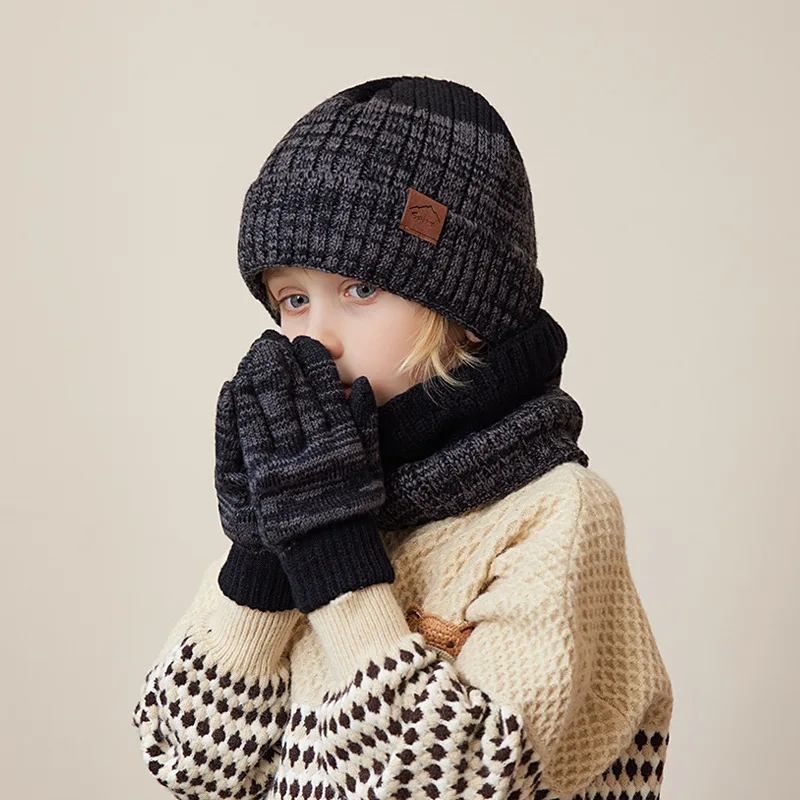 Conjunto de 3 uds de gorro de invierno para niños, bufanda y guantes, gorros de invierno con forro polar de felpa gruesa, redecilla corta para niños, conjunto de invierno de 2 uds para niño