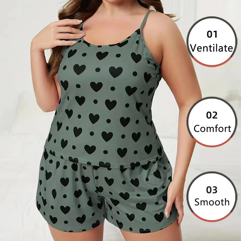 Plus-Size Pijama Mulheres Pijamas Conjunto Pijama Camisole Camisole Shorts Nightclothes Verde XL 2XL 3XL Love Print Smooth Soft