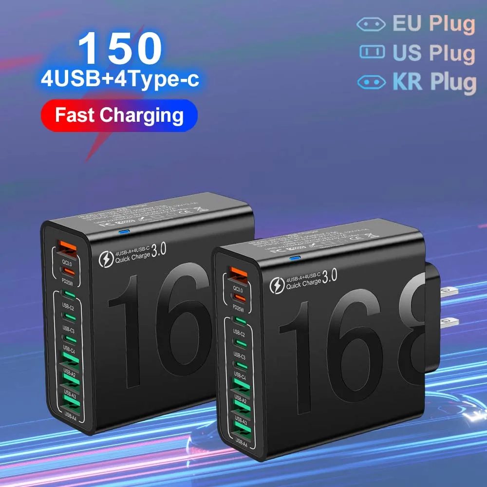 Totale 150 Caricatore da viaggio QC3.0 a ricarica rapida a 8 porte per iPhone 14 Samsung Xiaomi EU US KR Plug Adattatore da parete per telefono cellulare