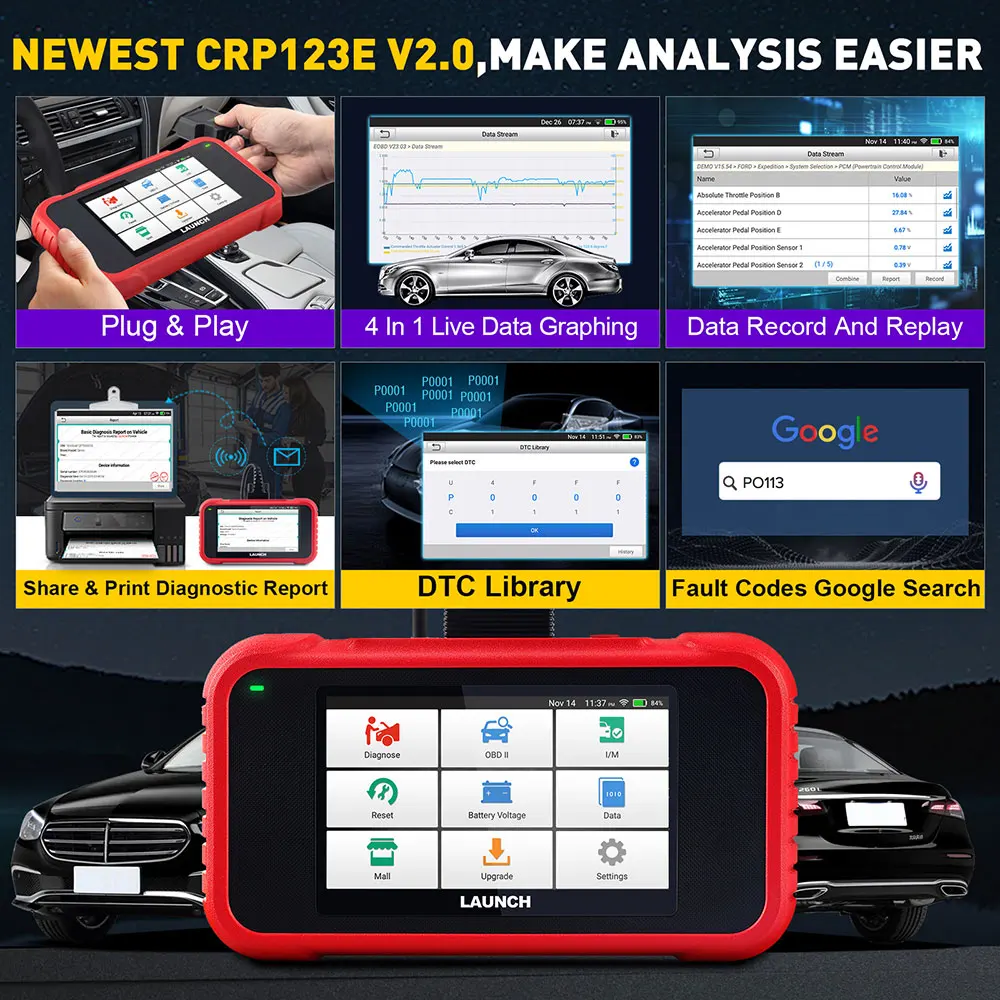 LAUNCH X431 CRP123E V2.0/CRP129E V2.0 Lebenslanges kostenloses Update SRS ABS Motorübertragung Scan Tool DTC Diagnosescanner OBD2 Auto