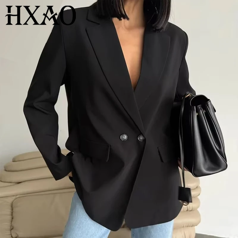 HXAO Blazer Damski Dwurzędowy Kieszeń Kurtka Damska 2025 Długi Rękaw Codzienne Blejzery Kobieta Elegancka Odzież Biurowa Płaszcz Damski