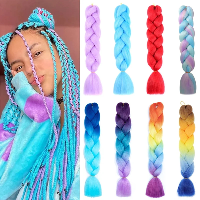 Extensión de cabello trenzado sintético de 24 pulgadas, Color degradado, arcoíris, pelo Jumbo DIY, peinado rosa, rojo y azul para mujer
