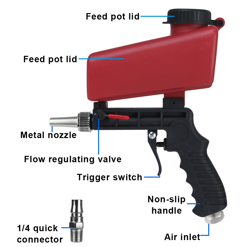Pistola de chorro de arena portátil ajustable, chorro de arena por gravedad, 90psi, pequeña máquina de chorro de arena, juego de pistola de chorro neumática de mano