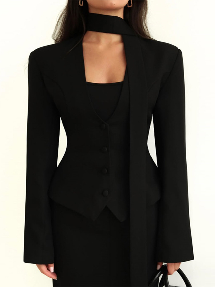 Zmeina jaqueta blazer cinza feminina com detalhe de cachecol integrado decote em v botão frontal manga comprida slim fit casual zm3252