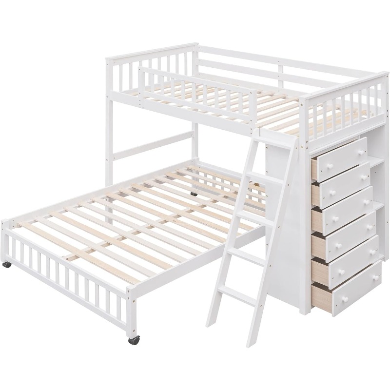 Harper & Bright Designs Twin Over Full Bunk Bed with 6 Storage Drawers and 3 Shelves, Wood Twin Loft Bed with Movable Lower Bed