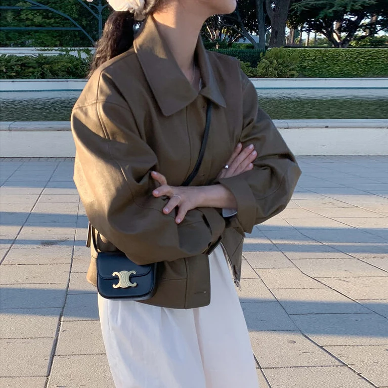 韓国スタイルカジュアル長袖レザージャケットジッパー襟バイカーベストショートコートルーズフィット女性のファッション秋 2024