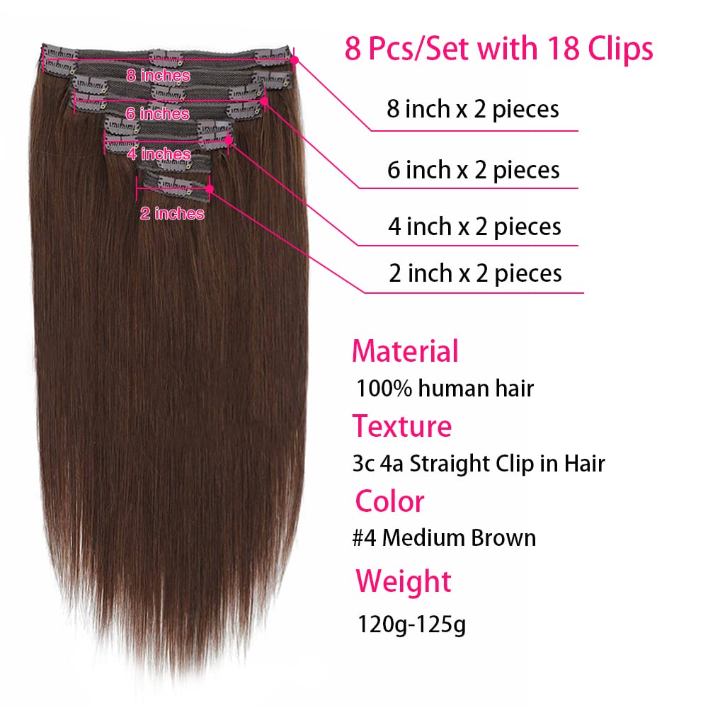 Clip in-extensiones de cabello humano para mujer, cabello liso de doble trama, 8 piezas, n. ° 4