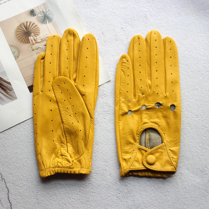 Guantes de conducción de cuero genuino 100% para mujer, guantes finos de una sola capa a la moda, huecos, transpirables, cortos, para primavera y verano
