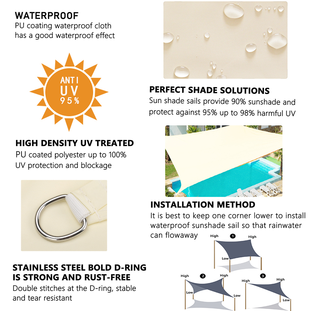 Vela de sombra rectangular cuadrada impermeable 420D, toldo de piscina para jardín al aire libre, refugio solar para acampar y senderismo