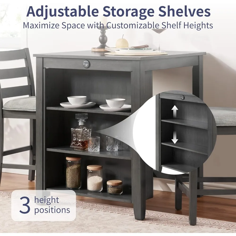 Small Bar Table and Chairs Set for 2,3-Piece Kitchen Dining Room Table Set with Storage Shelves & Charging Station,Space-Saving