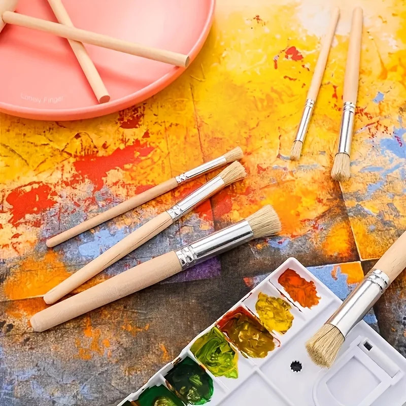 6 ชิ้นลายฉลุแปรงทาสีชุดขนแปรงไม้จับที่สมบูรณ์แบบสําหรับงานฝีมือ DIY สีน้ํา, น้ํามัน, และภาพวาดอะคริลิ