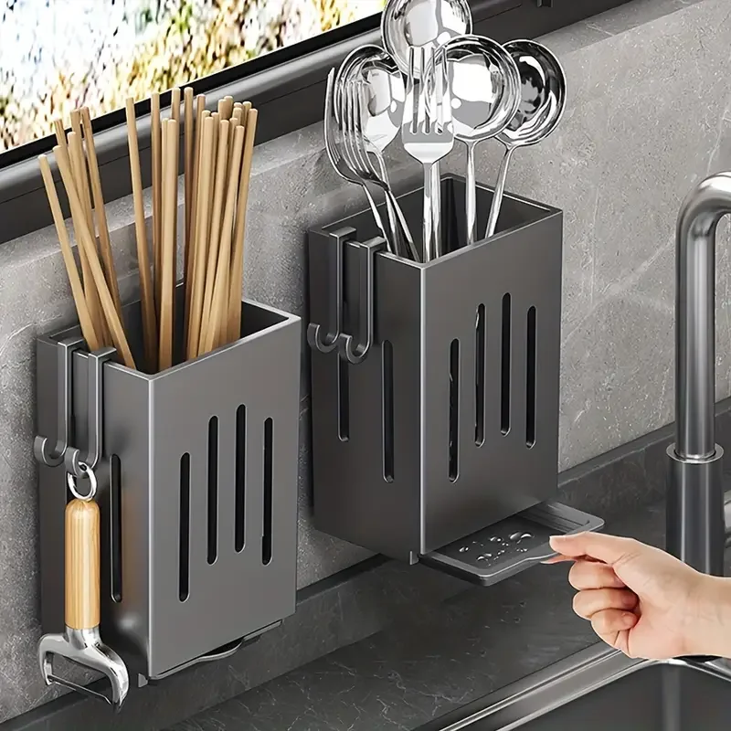 Suporte de parede para pauzinhos, pia de cozinha doméstica, rack de armazenamento de talheres, dreno sem perfuração com bandeja de água com gancho, 1 peça/2 peças