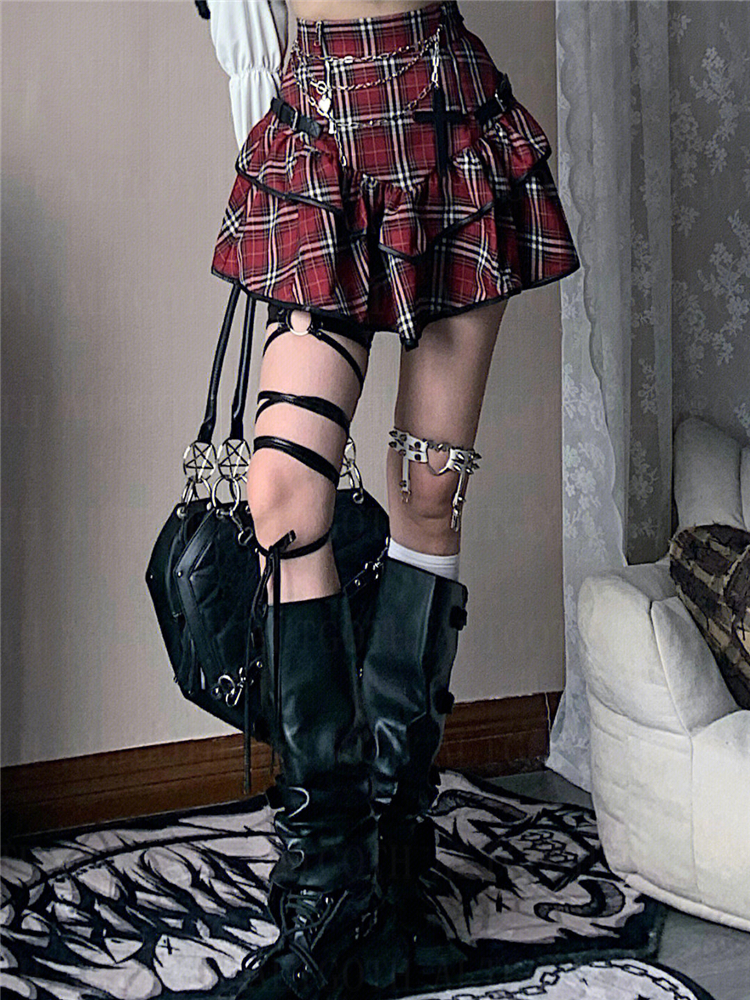 AltGoth Punk Gothic Red Plaid Skirt Women Vintage Y2k E-girl Emo Alt High Waist Cake Skirt Harajuku Fairycore Grunge Clubwear