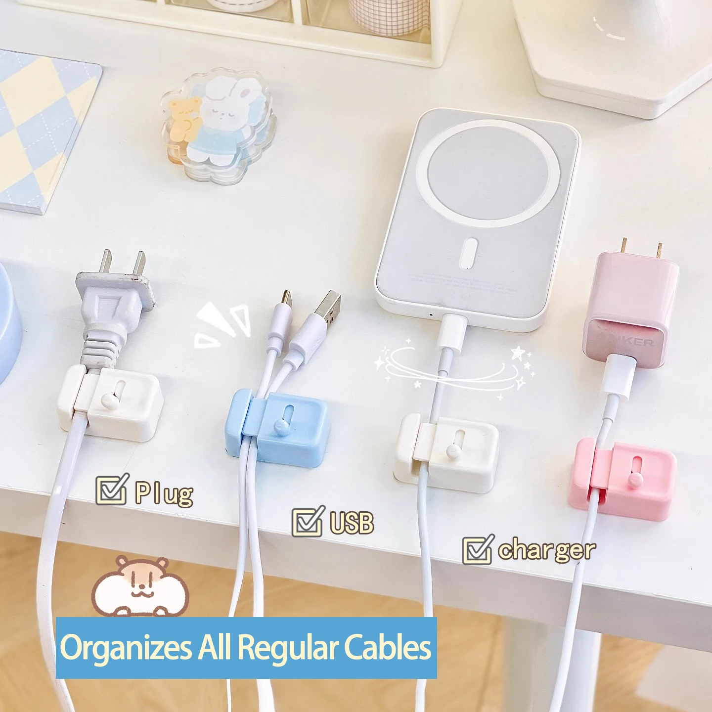 Desktop Cable Organizer – For Phone Chargers, Data Cables; Wire Management, Routing, Securing, Storage & Bundling Clips