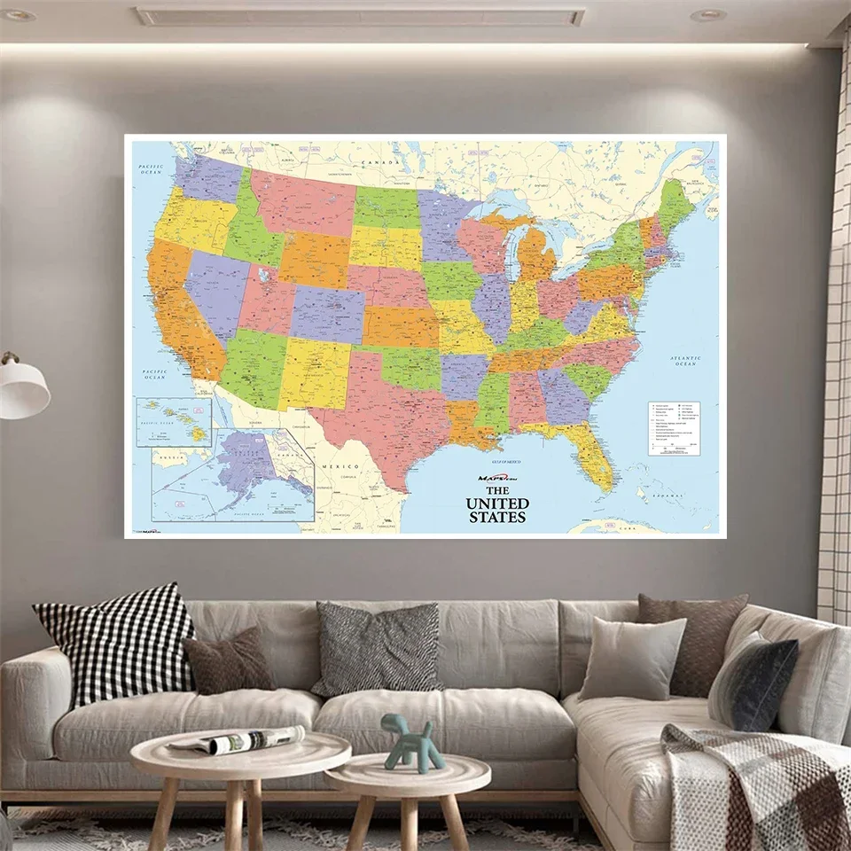 Mapa de los Estados Unidos, 225x150 cm, lienzo no tejido, impresión detallada, póster grande, suministros escolares educativos, decoración del hogar