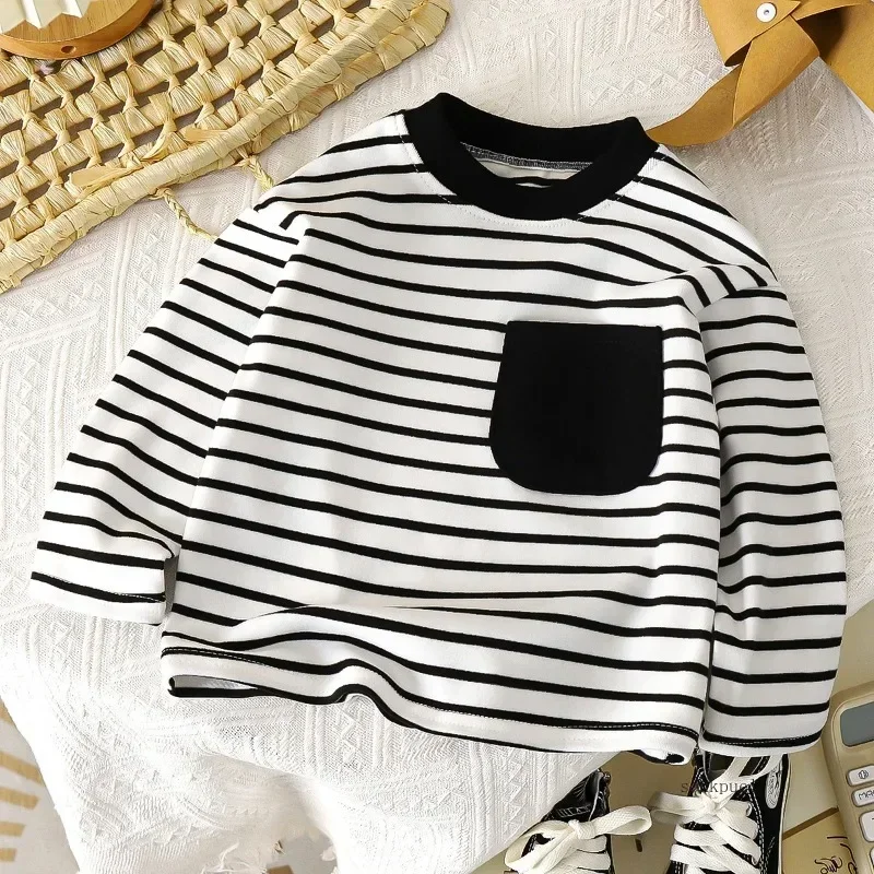 maglietta a righe per bambini Ragazzi Ragazze Nuove magliette larghe casual Nuovo design Top a maniche lunghe in tinta unita Mantieni caldo in autunno e inverno