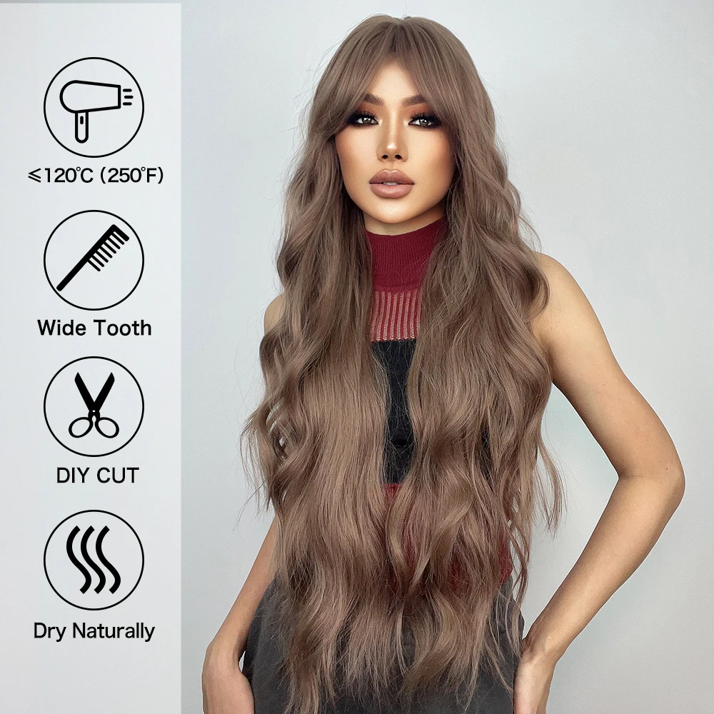 Perruques synthétiques bouclées Super longues marron chocolat avec frange, perruque de Cosplay Afro ondulée naturelle résistante à la chaleur pour femmes