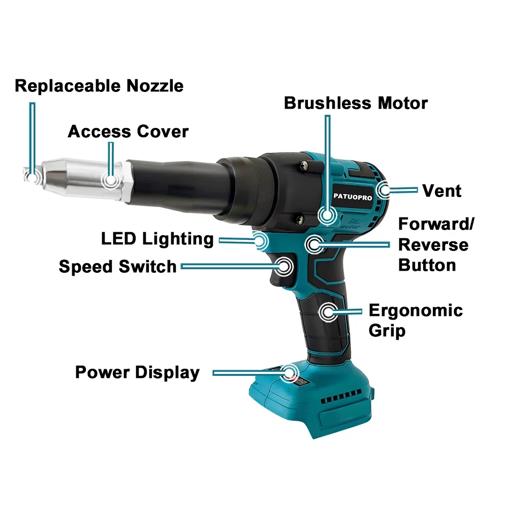 PATUOPRO Brushless Electric Rivet Gun Cordless Rivet Nut Gun Drill Insert Automatic Riveting Power Tools For Makita 18V Battery