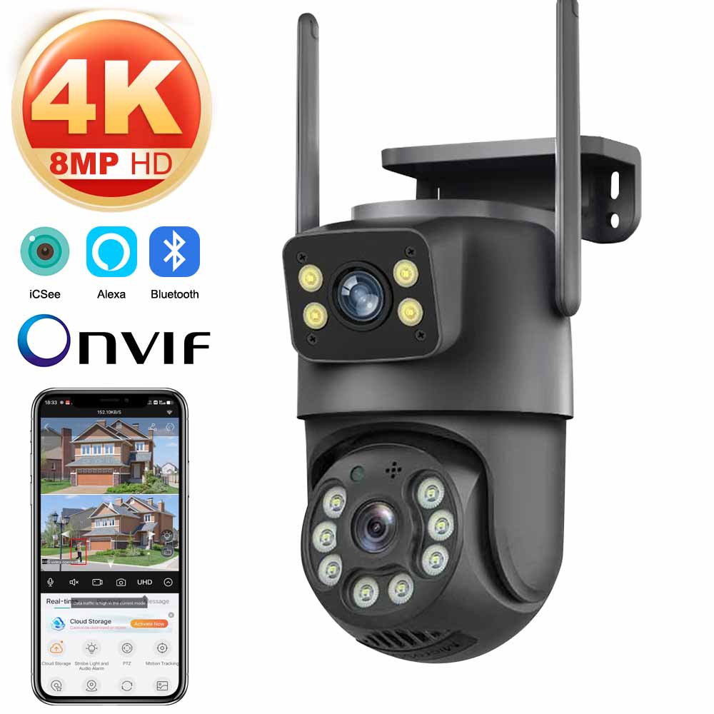 8MP WiFi Kamera PTZ Dual Bildschirme Auto Tracking Nachtsicht CCTV Überwachungs Kamera Outdoor 4MP Sicherheit IP Kamera icsee