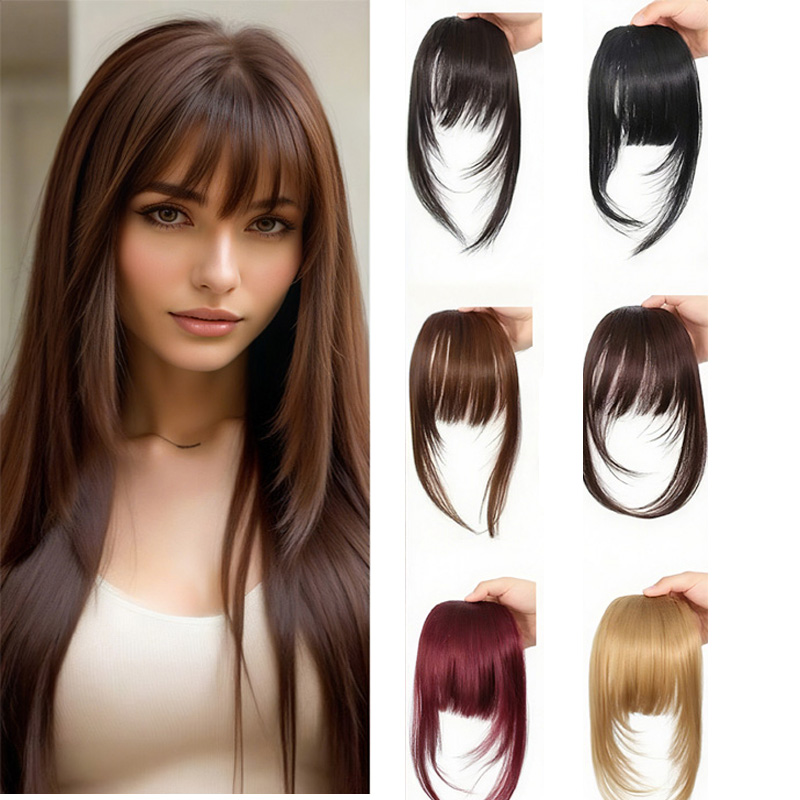 Synthetic Hair Clip-In Bangs Cut Wispy Fringe with Sideburns Dark Brown Natural Look for Women Daily Party Wear
