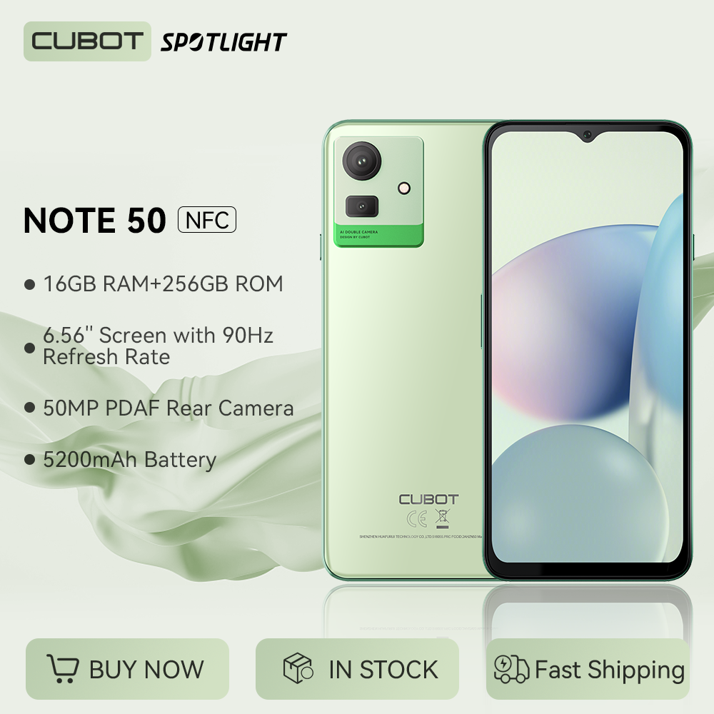 Cubot NOTE 50 Smartphone Android 13, 16GB RAM(8GB+8GB Extended), 256GB ROM, Octa-core,6.56“ 90Hz Screen,NFC, 50MP Camera,5200mAh