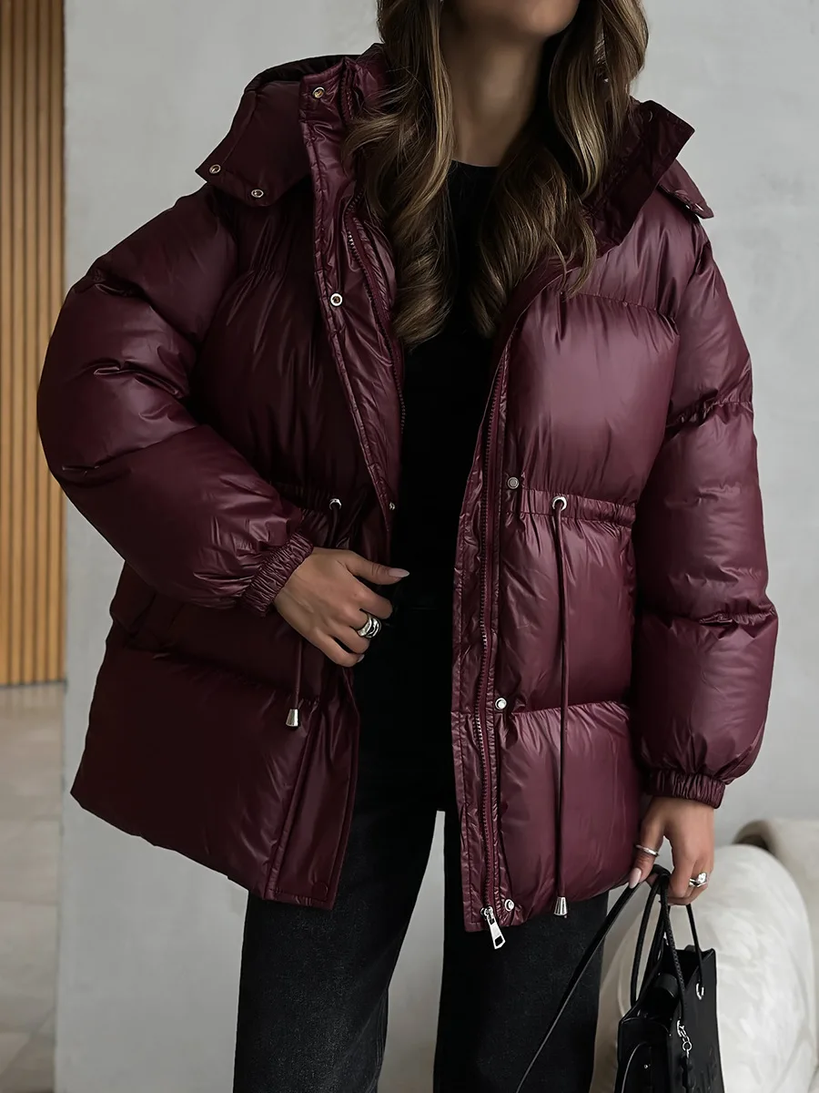 Wolfeel jaqueta de algodão slim fit com cordão, jaqueta feminina de inverno com capuz e zíper, robe de algodão confortável e quente