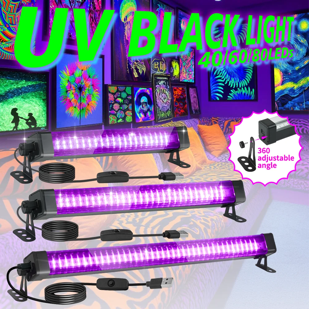 Tubo de luz negra LED 40/60/80: con interruptor, rotación de 360 grados, lámpara UV para fiesta luminosa, arte corporal, Halloween, vacaciones navideñas