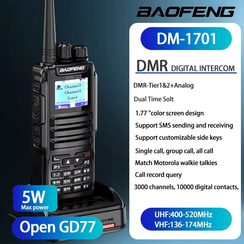 Baofeng Dm 1701 Walkie Talkie Digital de largo alcance modo Dual DMR analógico abierto Gd77 ranura de tiempo Dual nivel 1 + 2 Radio Dmr 1801UV
