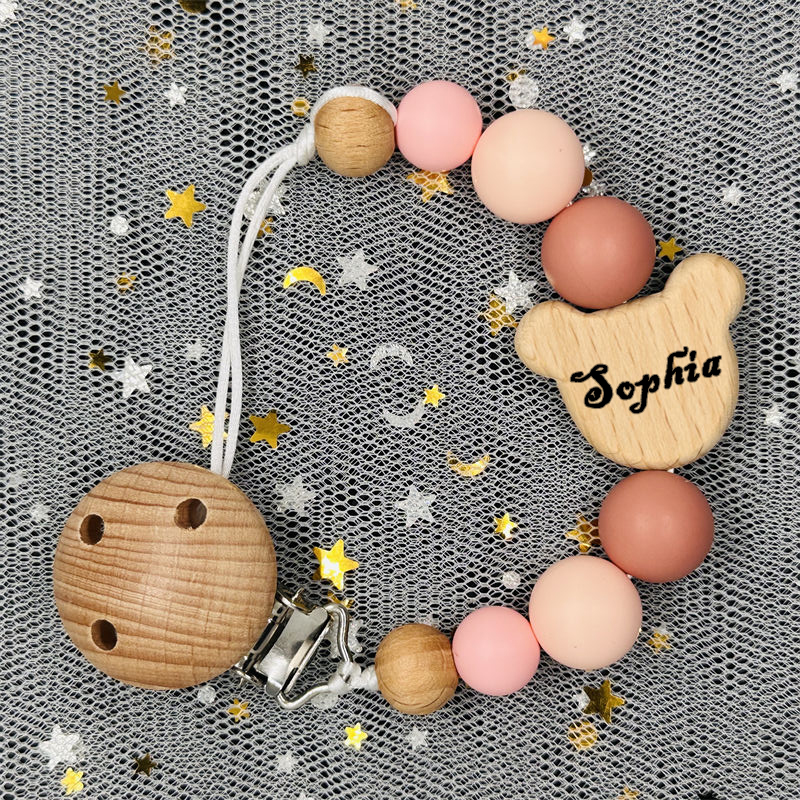Clip de chaîne de sucette en bois pour bébé, nom personnalisé, perle en Silicone, porte-mamelon factice avec nom, pendentif de dentition, cadeau pour nouveau-né