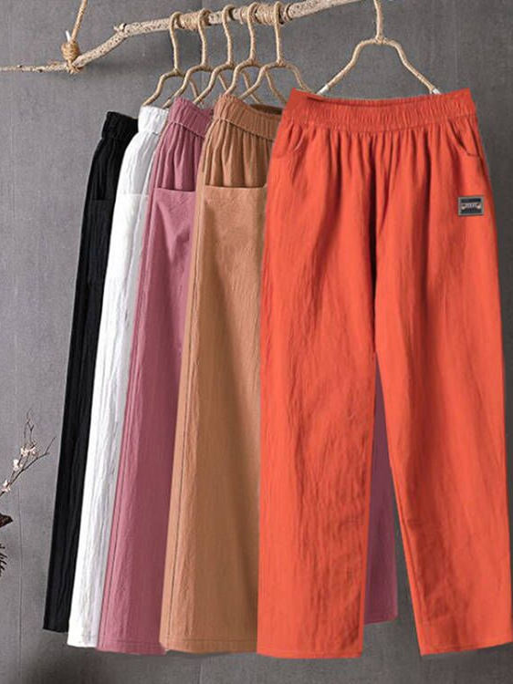 Calças Fenas Casuais de Verão em Aodão e Linho com Cintura Elástica, Estilo Harlan, Ajuste Solto, Calças de Nove Pontos...