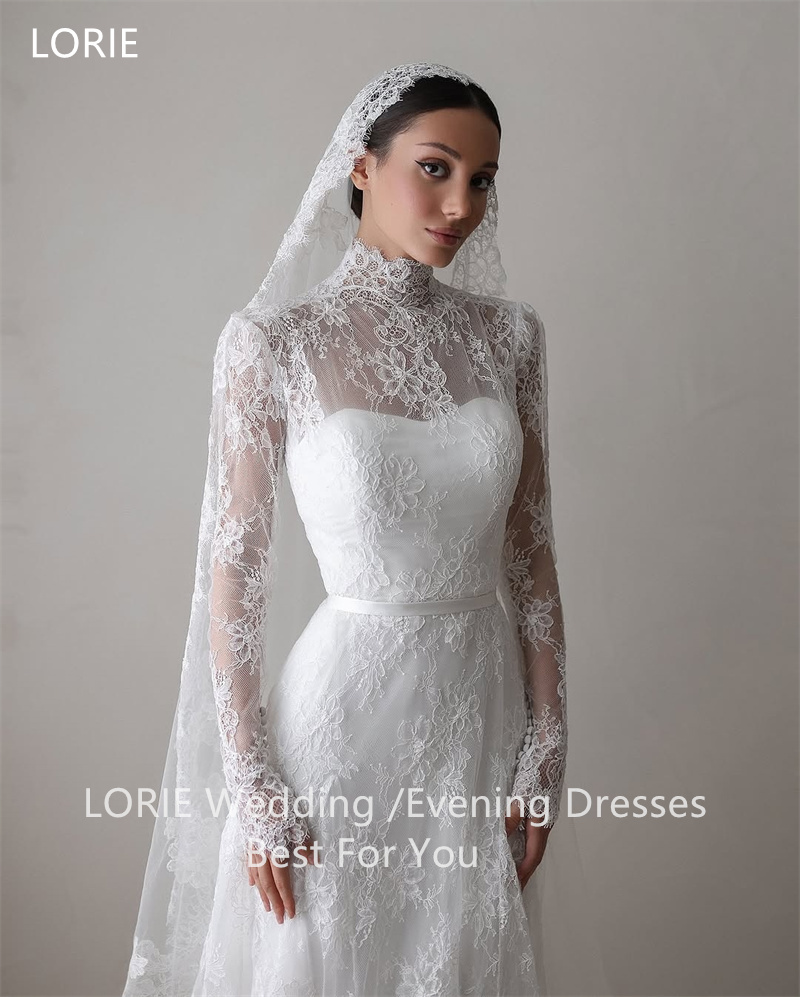 LORIE Brautkleider mit Spitzenapplikationen, A-Linie, Stehkragen, Hüftgürtel, dunstiges Gefühl, Brautkleid, bodenlange Brautkleider 2025, individuell gestaltet