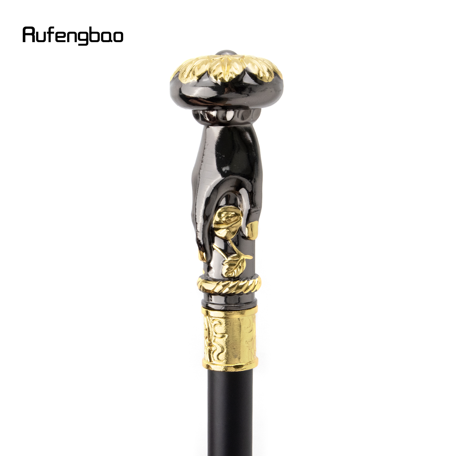 Goldener schwarzer Handgriff-Gehstock mit Blumengriff und versteckter Platte, Selbstverteidigung, modischer Gehstock, Cosplay, Crosier-Stick, 93 cm
