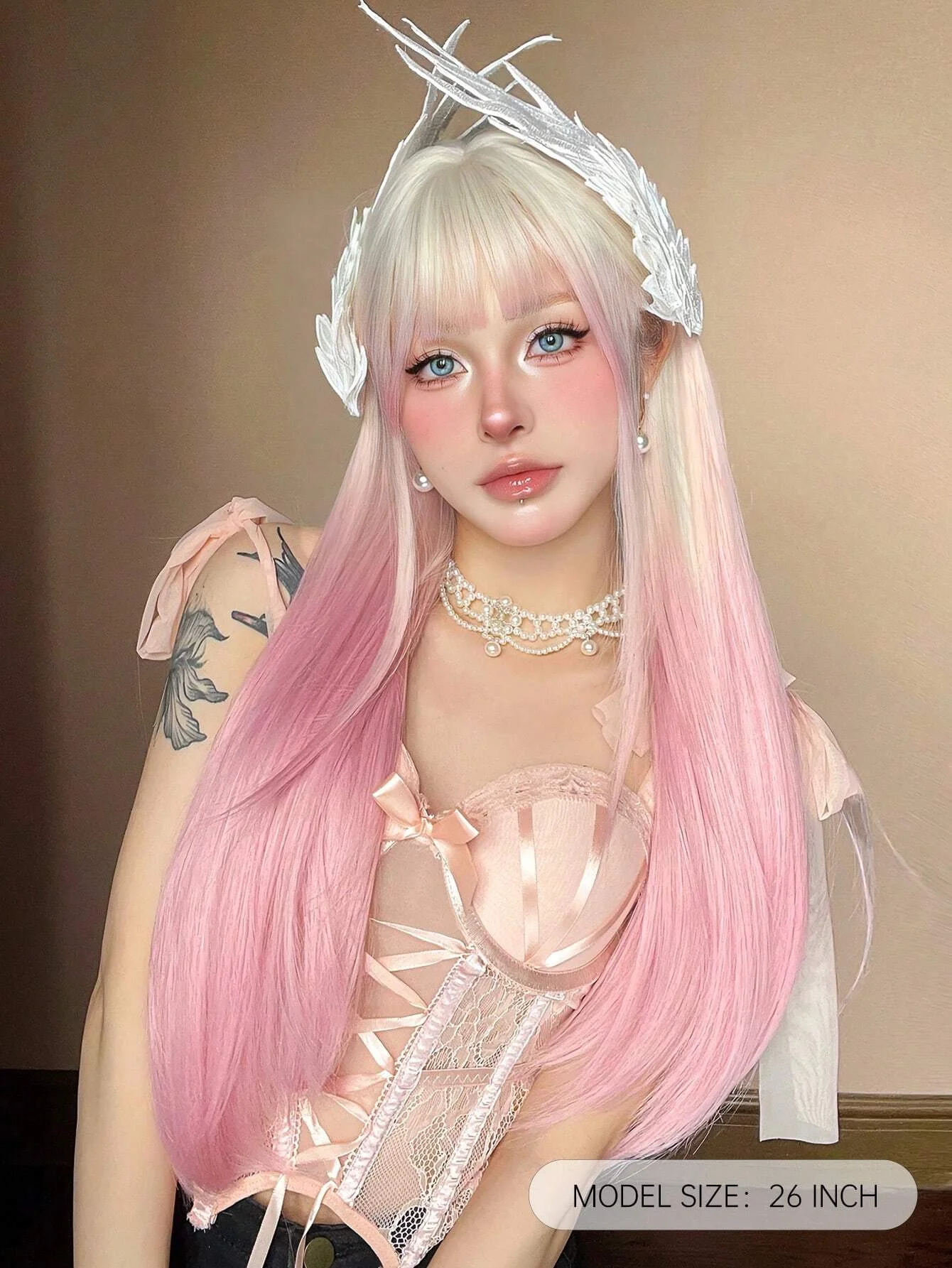 GEMMA-peluca larga y recta para mujer, pelo sintético colorido de color rosa claro, Rubio, Cosplay de Lolita, con flequillo, resistente al calor